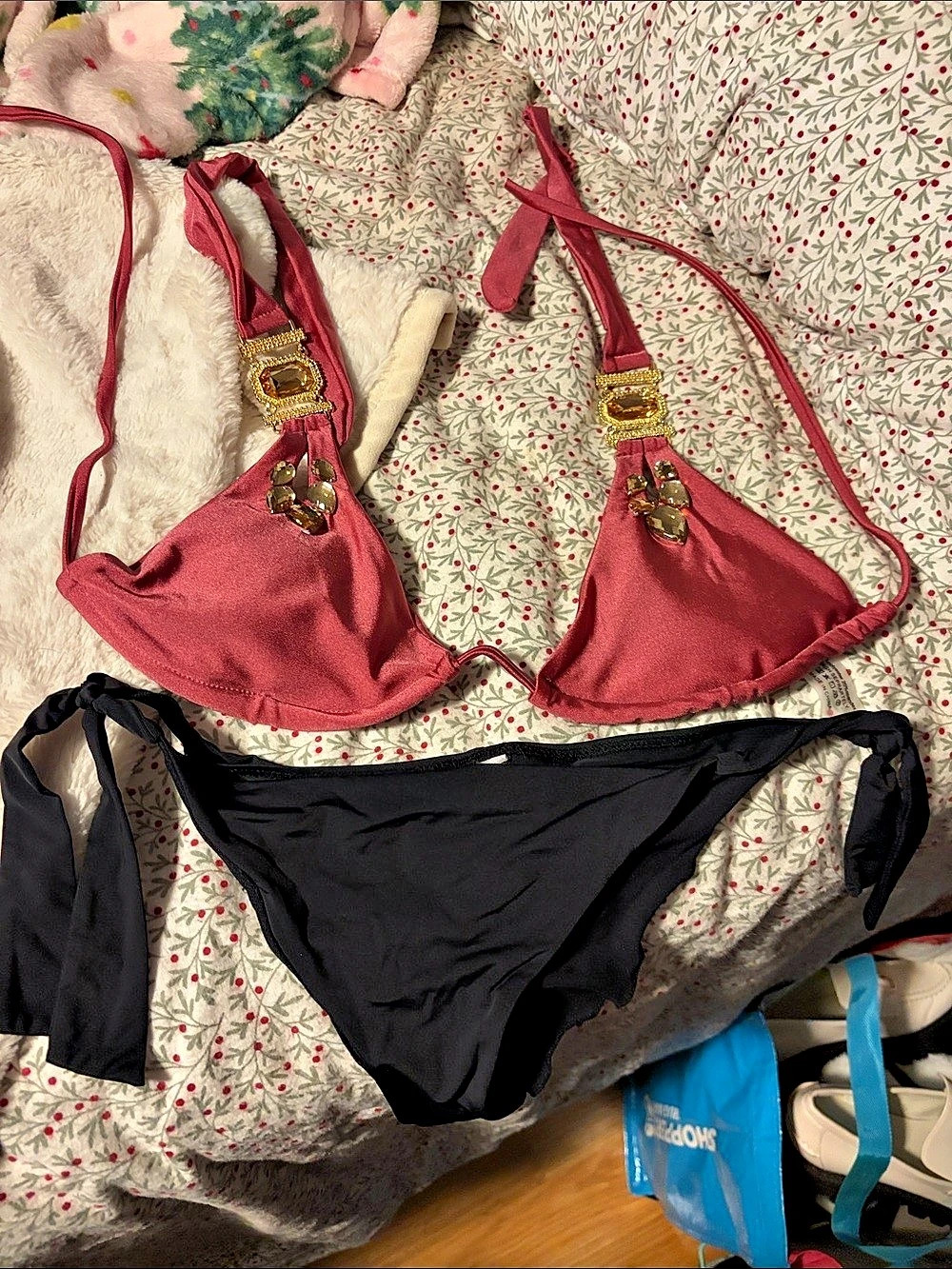 Embellished Bikini Set in Pink & Black